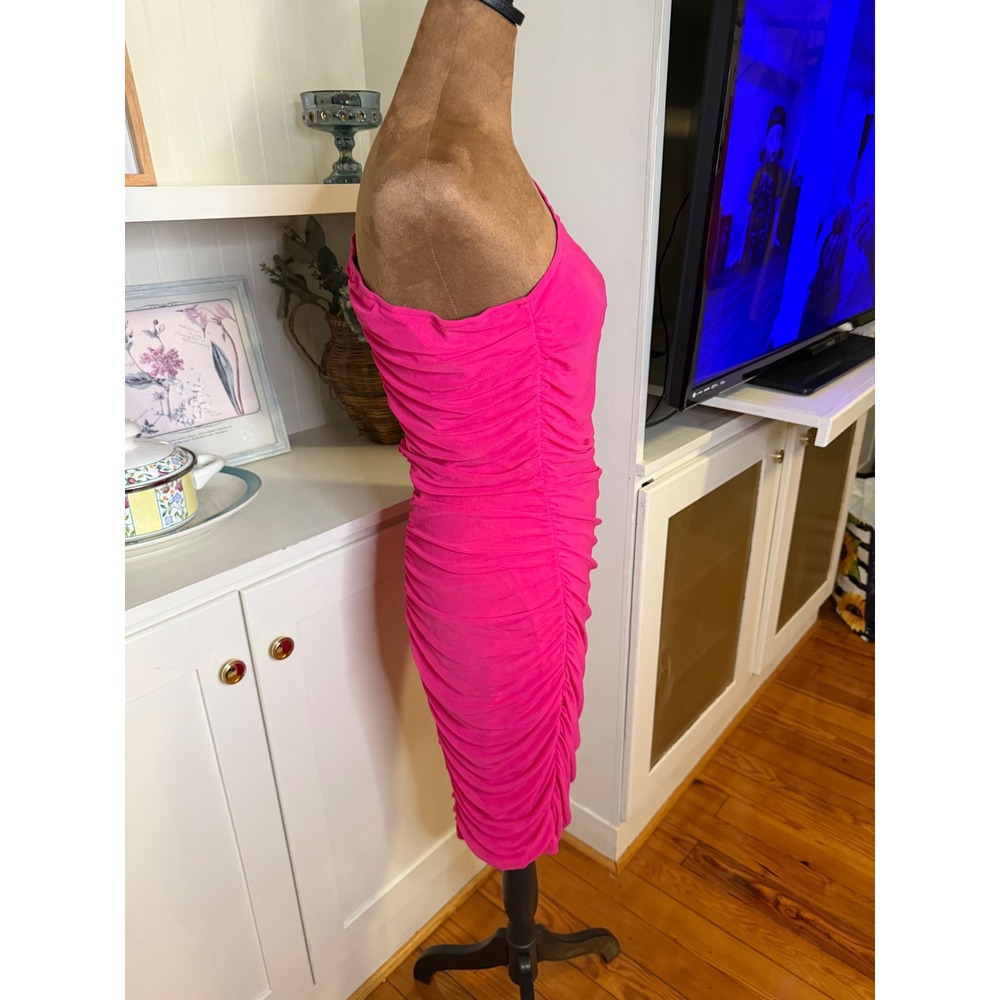 BTFBM Hot Pink One Shoulder Ruched Bodycon Mini Dress Long Sleeve Large - Picture 2 of 4